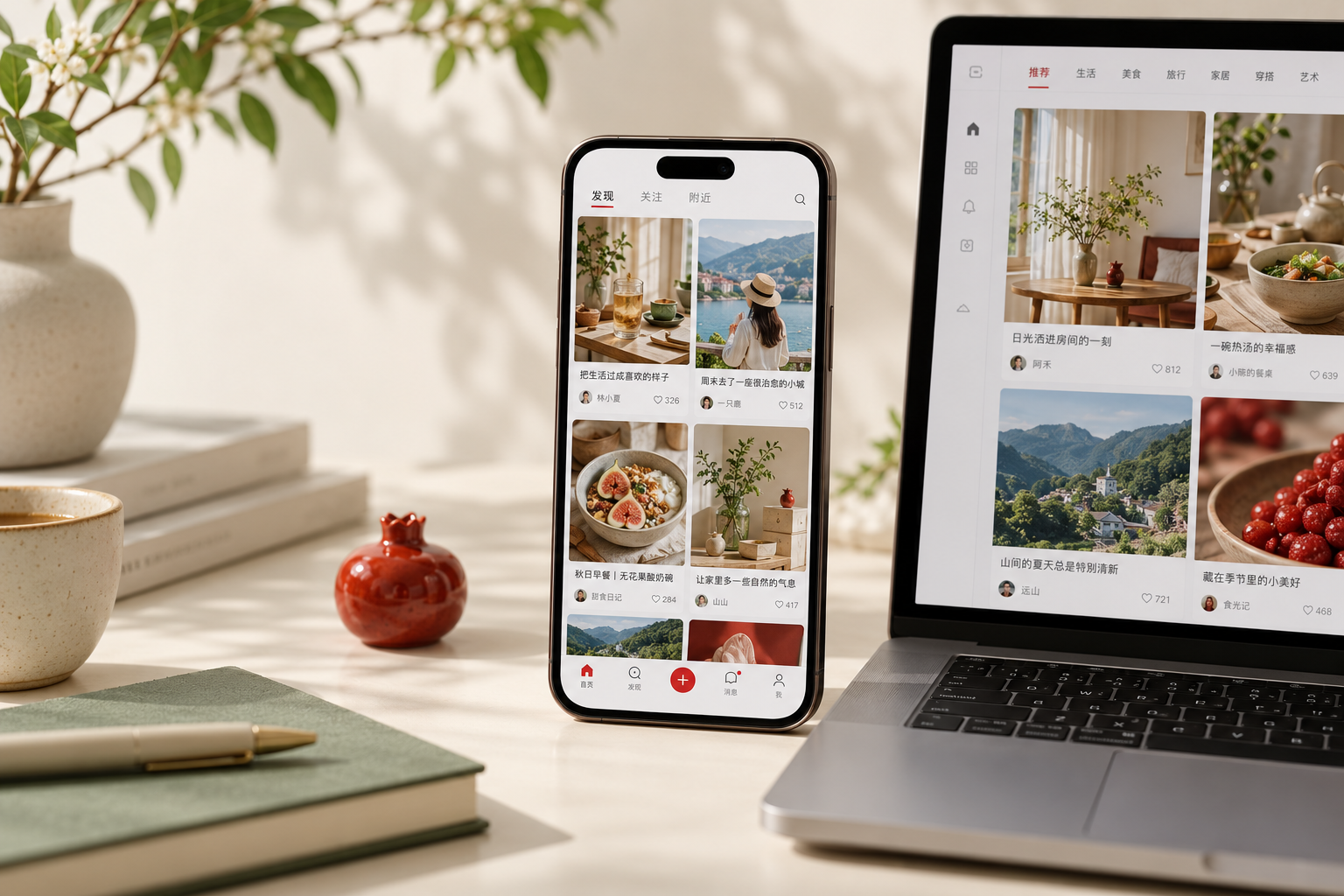 Illustrative Chinese social media content displayed on a smartphone and laptop