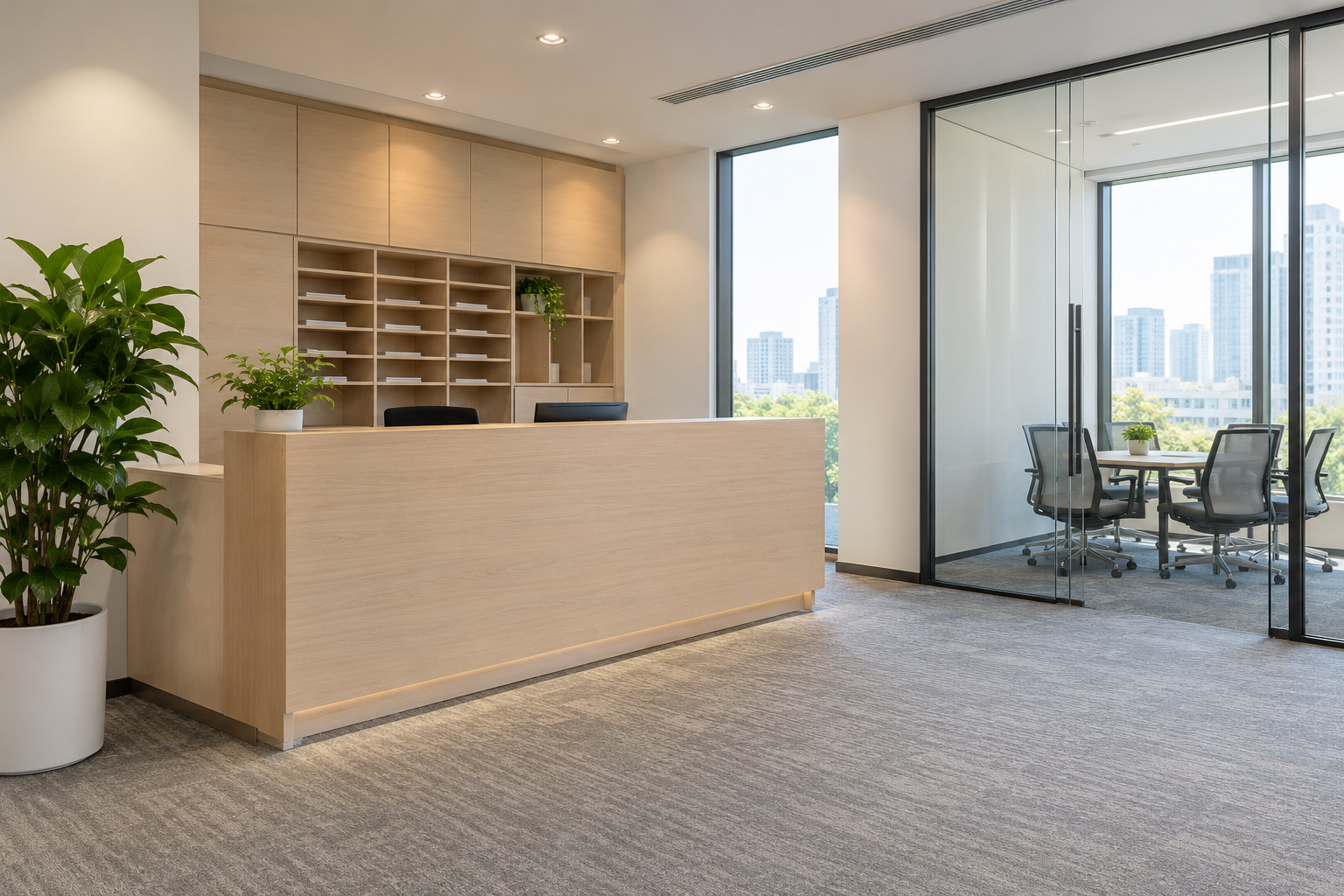 Illustrative business center reception and meeting room; not the actual Shenzhen location
